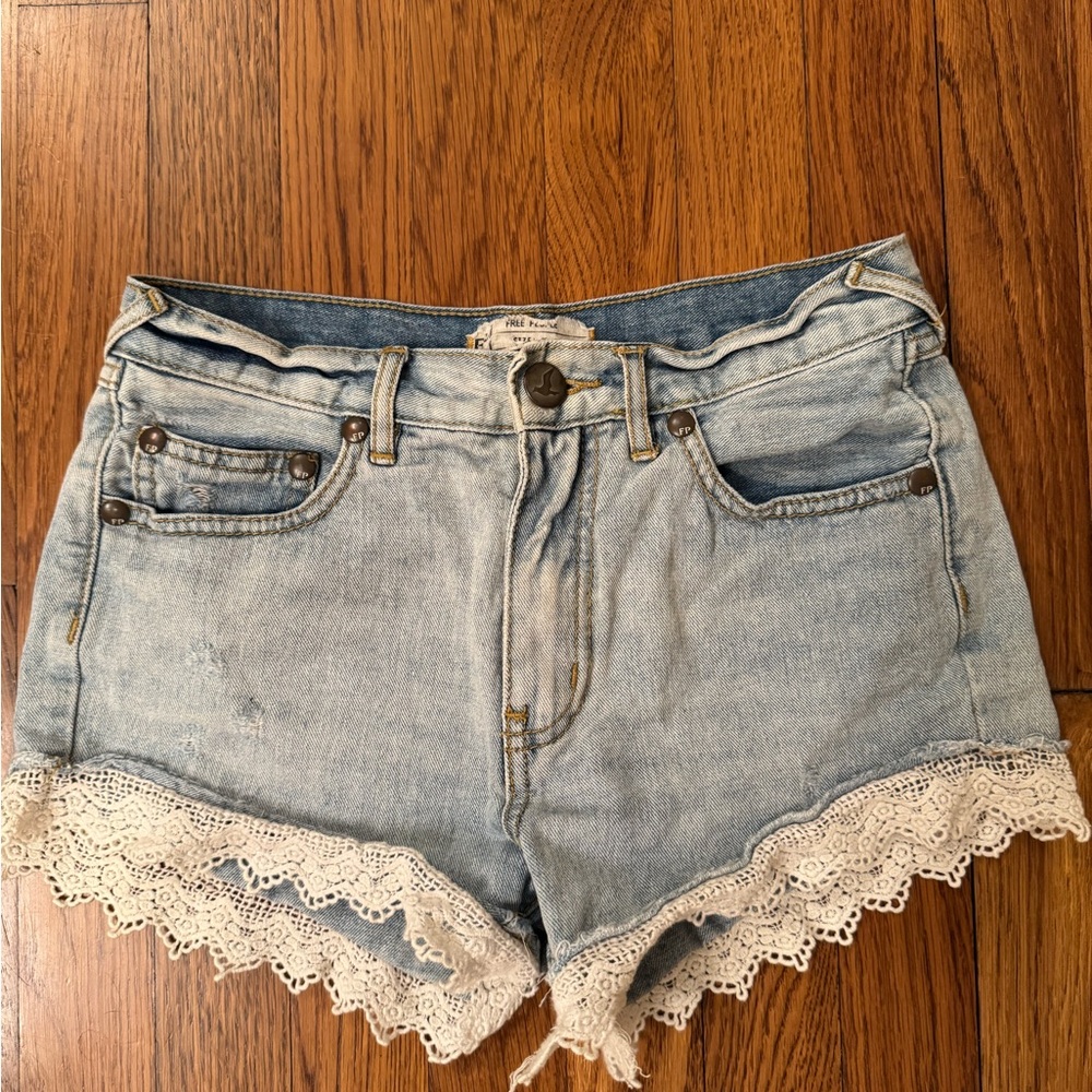 Free People Blue Jean Shorts with Lace Trim